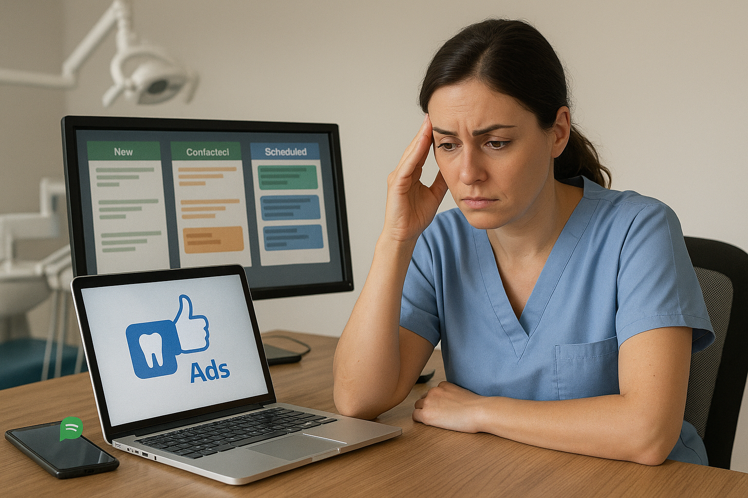 Ilustracao editorial da secao O erro mais comum: gerar leads sem processo comercial na materia Como usar anúncios no Meta Ads para atrair mais pacientes para sua clínica odontológi